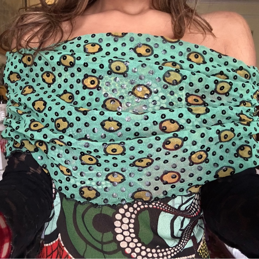 Jean Paul Gaultier Off Shoulder Sequin Pattern Mix Top